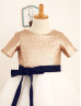 Short Sleeves Champagne Sequin Ivory Tulle Knee Length Flower Girl Dress
